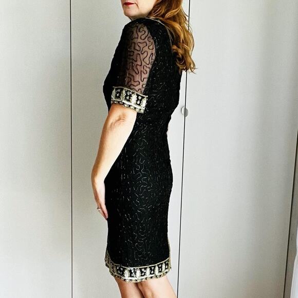 Vintage 80s Silk Beaded Sheath Dress, Formal, Black Tie Cocktail Kazar Blk/Gld - Picture 8 of 16